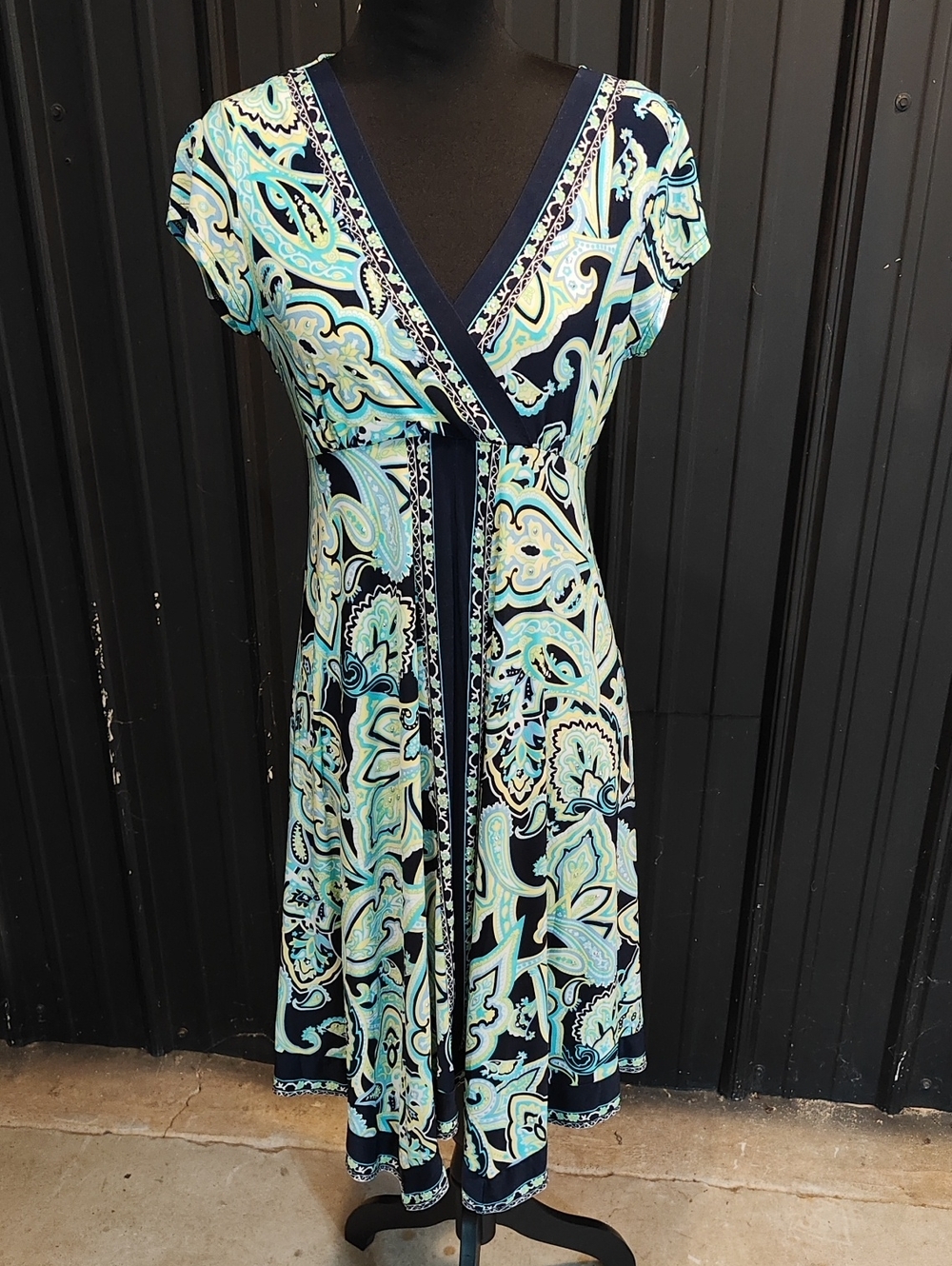 INC International Concepts Navy and Aqua Paisley Wrap Midi Dress
